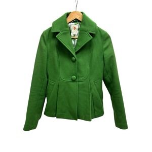 Tulle Wool Blend Pea Coat Jacket Green Small Retro Mod Pleated Back Lined